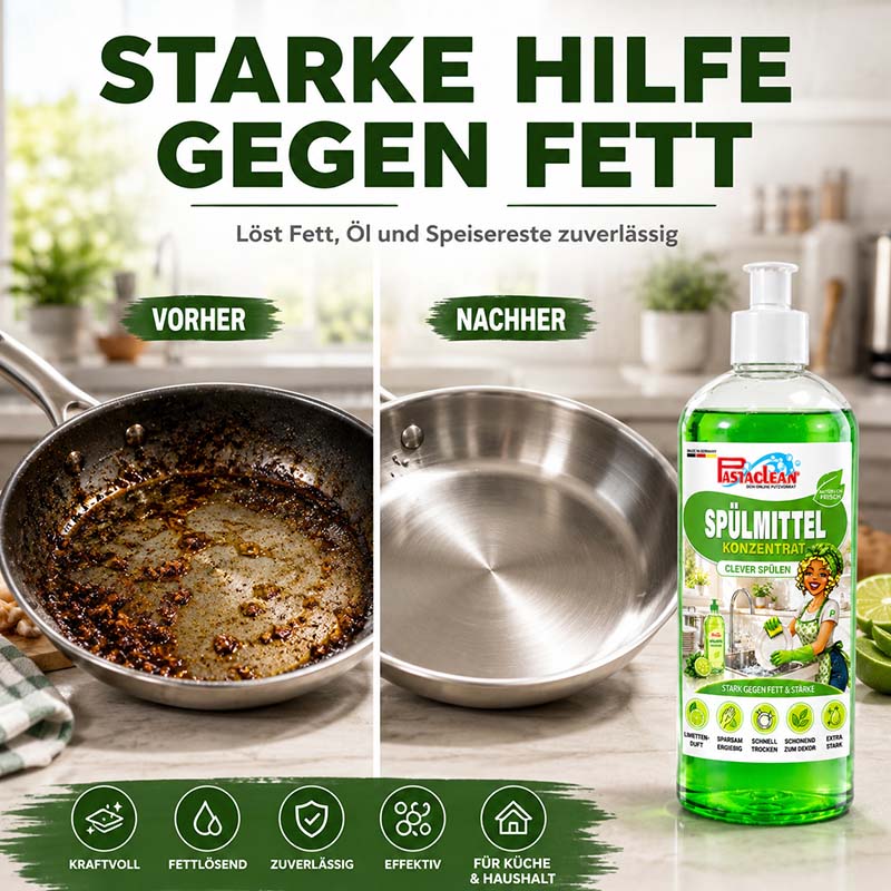Pastaclean Spülmittel Konzentrat 500 ml, Geschirrspülmittel mit Schnell-Trocken-Formel, fettlösend und streifenfrei für effektive Reinigung von Geschirr in Küche und Haushalt.