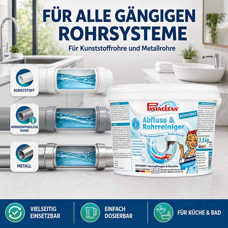 Pastaclean Abfluss- & Rohrreiniger Meeresbrise 3,5Kg für alle Rohrsysteme, effektiv gegen Verstopfungen in Kunststoff, Metall und wärmeempfindlichen Rohren, geeignet für Küche und Bad, einfache Dosierung