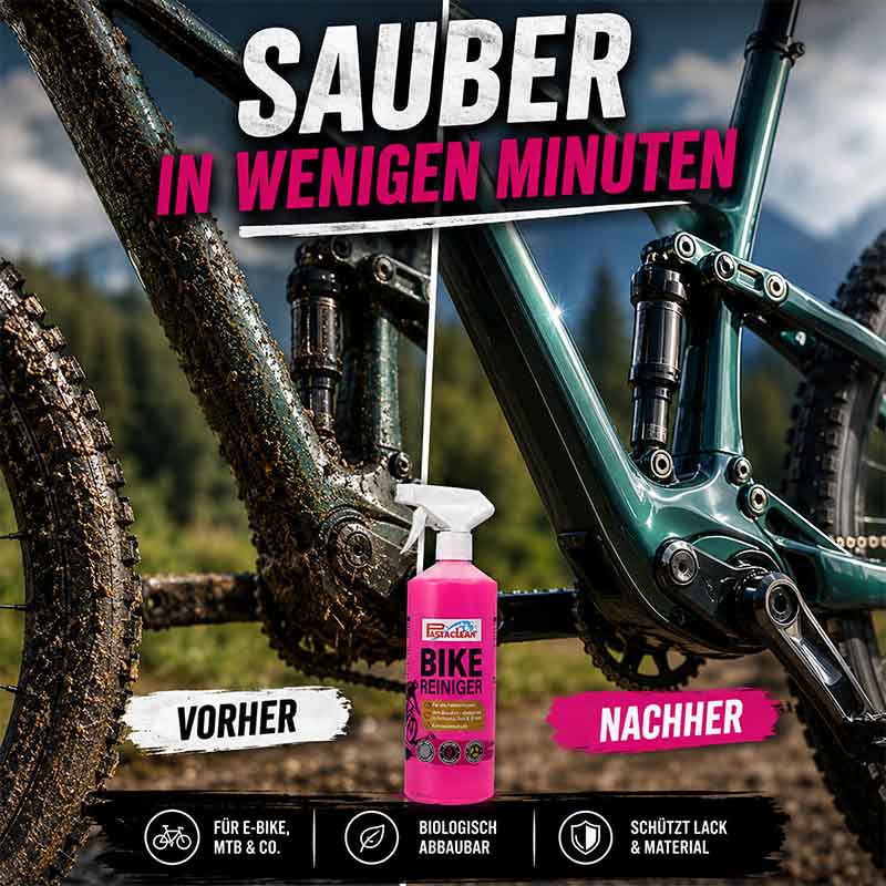 Fahrradreiniger Spray für E-Bike, Mountainbike, biologisch abbaubar, schützt Lack und Material, vorher-nachher Vergleich, 1 Liter, ideal für schnelle und effektive Fahrradreinigung.