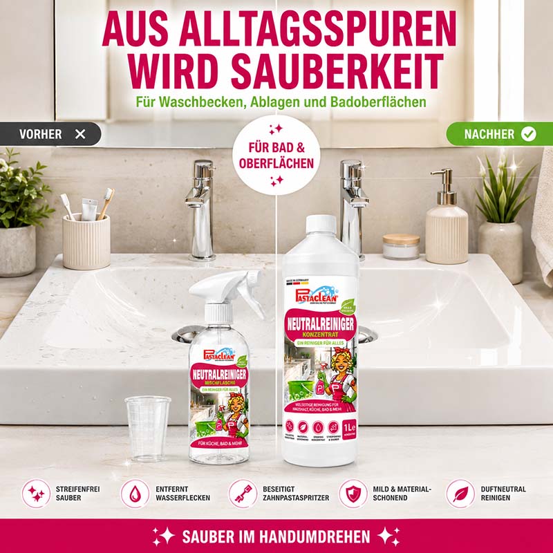 Pastaclean Neutralreiniger Konzentrat 1 L für Küche, Bad, Böden und Fenster, Allzweckreiniger beseitigt Schmutz und Ablagerungen auf Oberflächen für streifenfreie Sauberkeit und schonende Reinigung