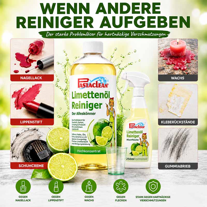 Pastaclean Limettenöl Reiniger Konzentrat, Universalreiniger mit frischem Limetten-Duft, geeignet für die Entfernung von Nagellack, Lippenstift, Wachs, Kleberückständen und Gummiabrieb, 500 ml.