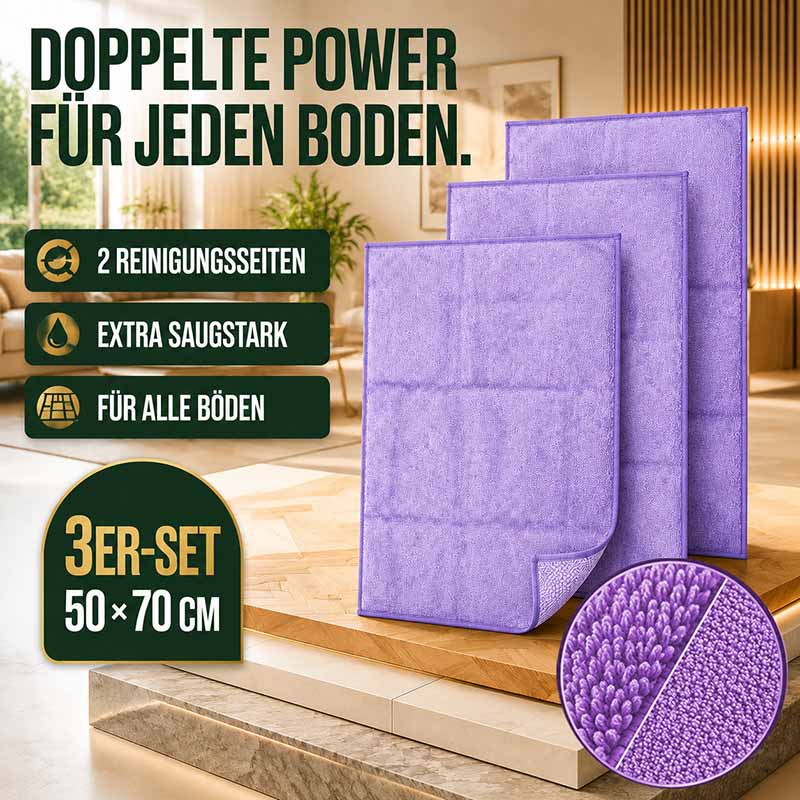 Mikrofaser-Bodentücher 3er-Set 50 × 70 cm saugstark Lavendel für alle Böden, doppelte Reinigungskraft, ideal für Haushalt, zwei Reinigungsseiten, effiziente Schmutzaufnahme, langlebig und vielseitig einsetzbar.
