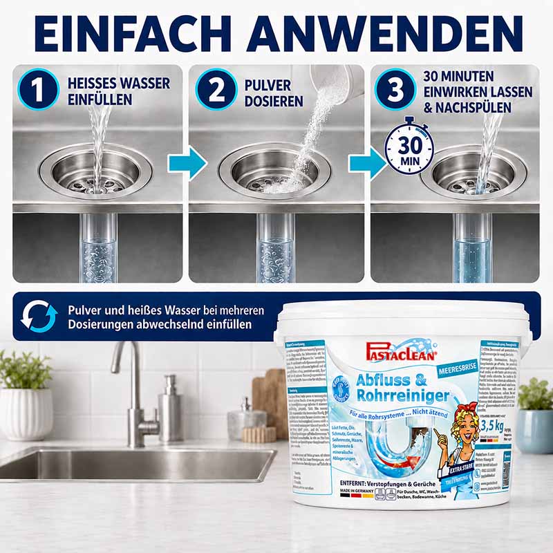 Pastaclean Abfluss- und Rohrreiniger Meeresbrise, 3,5 kg, für alle Rohrsysteme, entfernt Verstopfungen und Gerüche, ideal für Bad, WC, Waschbecken, nicht ätzend