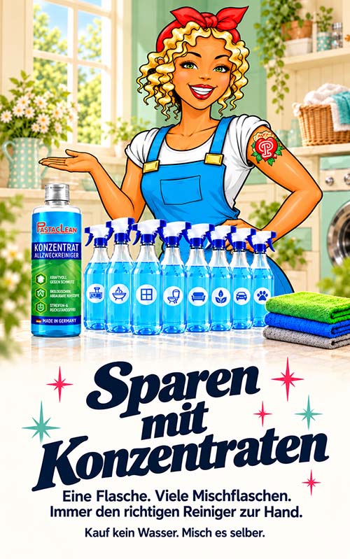 Pastaclean Allzweckreiniger Konzentrat für Reinigung von Oberflächen, Küche, Bad und Tierbedarf, umweltfreundlich und effektiv für vielseitige Anwendungen im Haushalt.