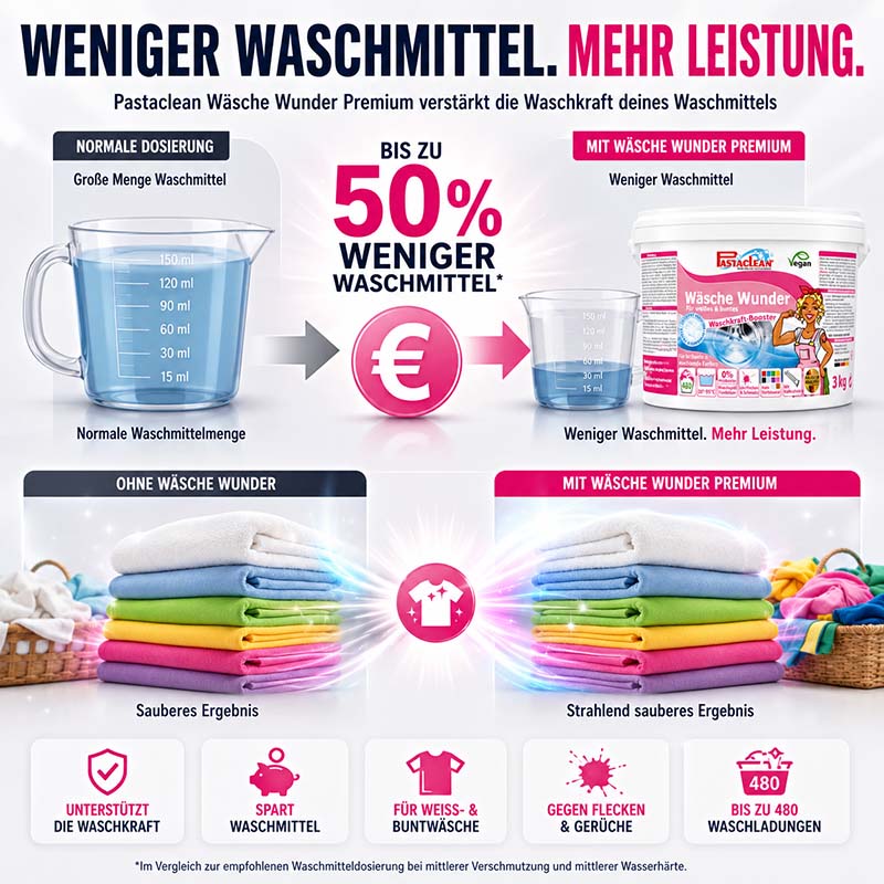 Wäsche Wunder Waschkraftverstärker 480WL 3 Kg, sparsamere Dosierung mit 50% weniger Waschmittel, geeignet für Weiß- und Buntwäsche, effektiv gegen Flecken und Gerüche, bis zu 480 Waschladungen, unterstützt Waschkraft