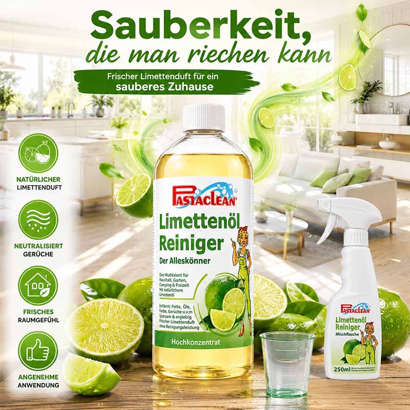 Limettenöl Reiniger Konzentrat 1 Liter, natürlicher Limettenduft, neutralisiert Gerüche, frisches Raumgefühl, Alleskönner für Haushalt, Garten, Camping, entfernt Fett, Öle, Angenehme Anwendung, Pastaclean Marke