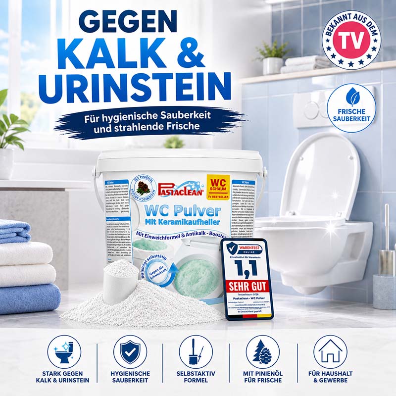 Pastaclean WC Schaum, kraftvoller WC Reiniger gegen Kalk und Urinstein, 1 kg, für hygienische Sauberkeit im Badezimmer, Einweichformel, Antikalk-Booster, für Haushalt und Gewerbe geeignet