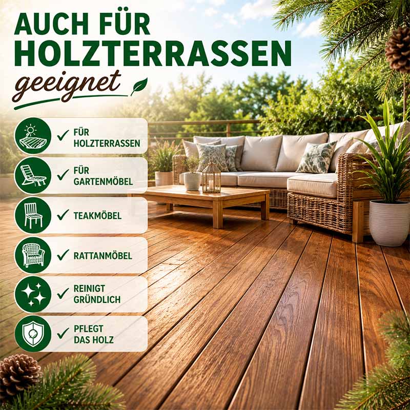Pinienölreiniger Konzentrat 1000ml, Allzweckreiniger, geeignet für Holzterrassen, Gartenmöbel, Teakmöbel, Rattanmöbel; reinigt gründlich, pflegt das Holz; Terrasse mit Möbeln, grüner Garten im Hintergrund