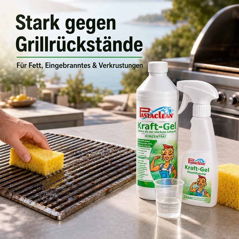 Pastaclean Kraftgel 1 l und Reinigungshandschuh zur effektiven Entfernung von Grillrückständen, Fett, Eingebranntem und Verkrustungen auf Grillrosten. Ideal für Außenküche und Grillpflege.