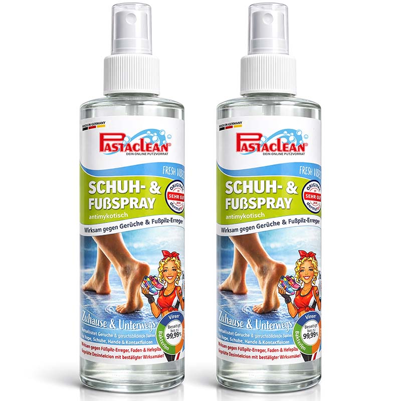 Desinfektionsspray für Füße und Schuhe 2x 250 ml, antimyotisch, gegen Fußpilz Erreger und Gerüche, Pastaclean, Fresh Verse, Schuh- und Fußpflege, wirksam gegen Geruchsbakterien, Hygieneprodukt, Zuhause und unterwegs, hohe Wirksamkeit