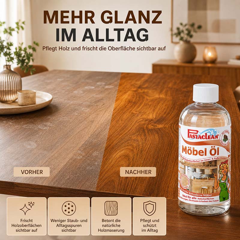 Pastaclean Möbelöl mit Pinie, 500 ml, zur Pflege und Auffrischung von Holzoberflächen, betont Holzmaserung, schützt im Alltag, ideal für moderne Möbel, reduziert Staub- und Alltagsspuren.