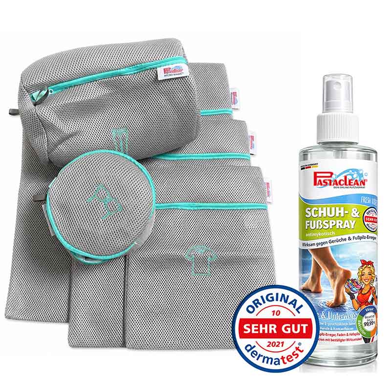 Set bestehend aus Mehrweg-Waschbeuteln und Pastaclean Schuh- und Fußspray gegen Gerüche, antimyotisch, dermatologisch getestet, Siegel mit "Sehr Gut", ideal zur Pflege und Reinigung von Schuhen, beste Bewertungen 2021.