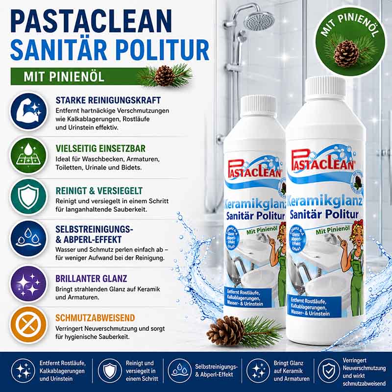 Pastaclean Sanitärpolitur mit Pinienöl, 2x 500ml, starke Reinigungskraft, entfernt Kalkablagerungen, Rostläufe, Urinstein, reinigt und versiegelt, selbstreinigende Abperl-Effekt, brillanter Glanz auf Keramik, schmutzabweisend, vielseitig einsetzbar.