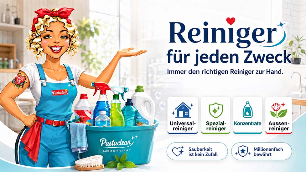 Pastaclean Reinigungsprodukte für universelle, spezielle und Außenanwendungen, inklusive Konzentrate, für umfassende Sauberkeit und Zuverlässigkeit in Haushaltsreinigungen.