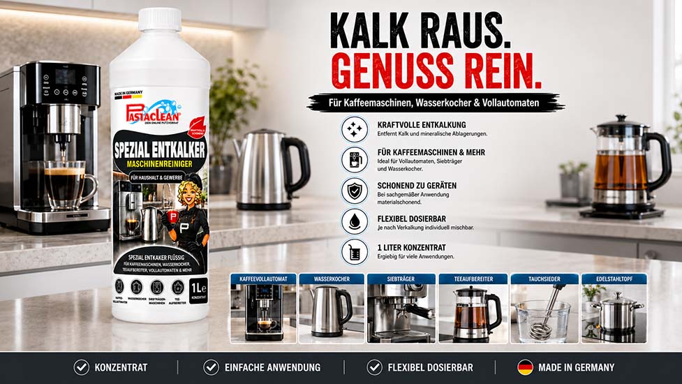 Pastaclean Spezial Entkalker Maschinenreiniger für Kaffeemaschinen, Wasserkocher und Vollautomaten, kraftvolle Entkalkung, flexibel dosierbar, für Haushalt und Gewerbe, Made in Germany