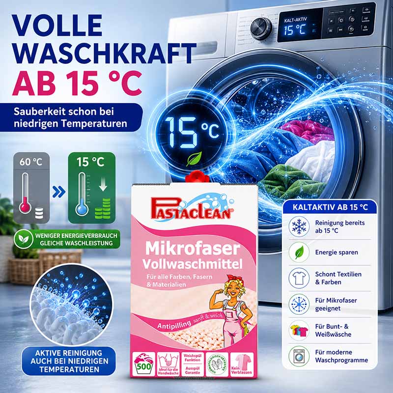 Pastaclean Mikrofaser Waschmittel Antipilling 5L (500WL), volle Waschkraft ab 15°C, geeignet für alle Farben, Fasern und Materialien. Energiesparend, schont Textilien, für Bunt- und Weißwäsche, aktiv bei niedrigen Temperaturen, für moderne Waschprogramme.