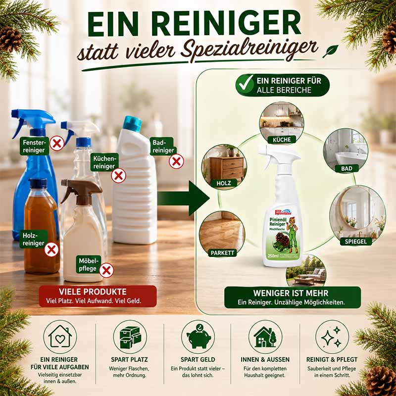 Pinienölreiniger Konzentrat 1000ml Allzweckreiniger für Küche, Bad, Spiegel, Holz, Parkett; ergänzt spezialisierte Reiniger; vielseitig, sparsam, für innen und außen geeignet; reduziert Aufwand und Kosten, reinigt und pflegt in einem Schritt.