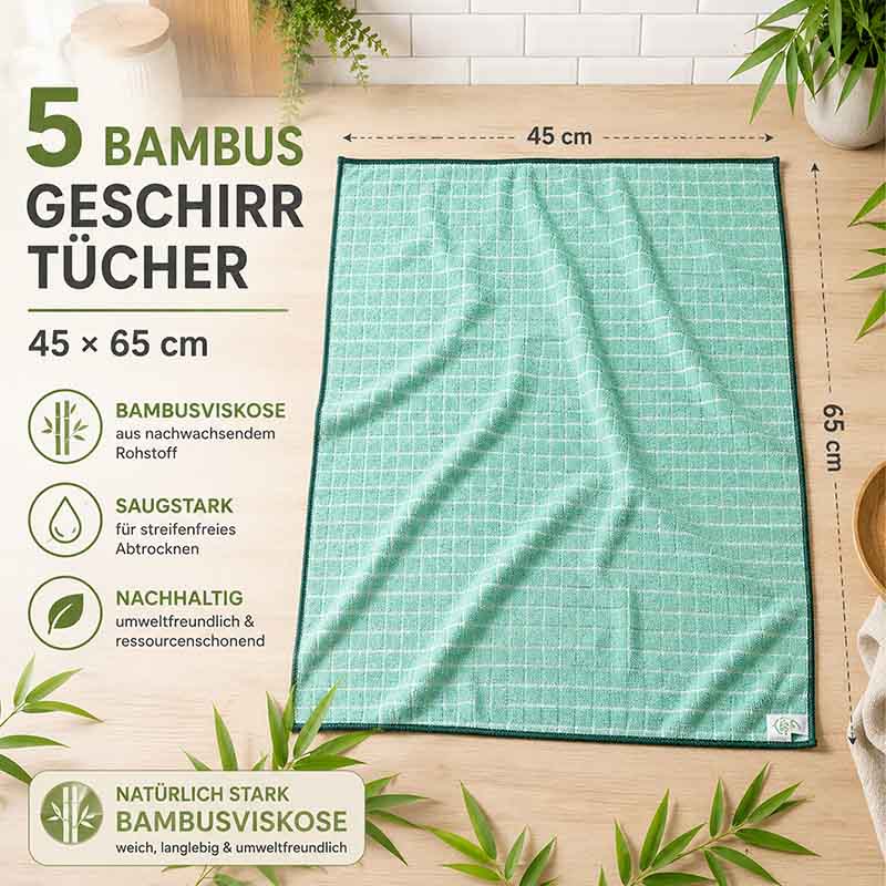 5er Set Bambus Geschirrtücher 45x65 cm, saugstarke Bambusviskose, nachhaltig, geeignet für Küche, Bad, Haushalt, umweltfreundlich, stark wasserabsorbierend, streifenfreies Abtrocknen, weiche Textur, ressourcenschonend, langlebig, grünes Design