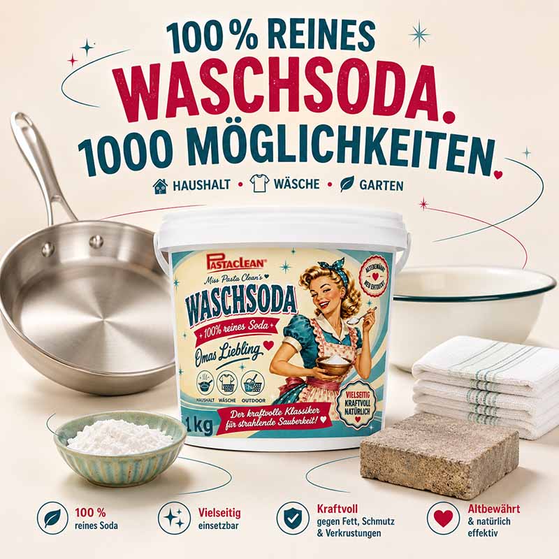 Pastaclean Waschsoda 1 kg, 100 % reine Soda, zur Fett-, Schmutz- und Fleckenentfernung, vielseitig einsetzbar im Haushalt, für Wäsche und Garten. Ideal für verschiedene Reinigungsanwendungen, klassisch und effektiv.