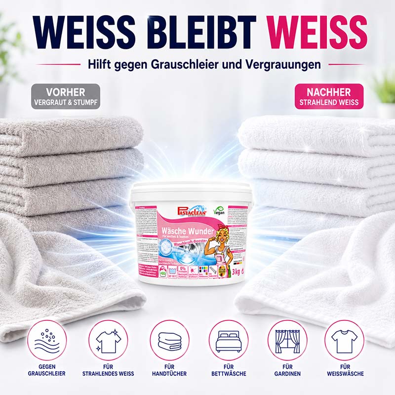 Wäsche Wunder Waschkraftverstärker 480WL, 3 Kg, für strahlend weiße Wäsche. Effektiv gegen Grauschleier. Geeignet für Handtücher, Bettwäsche, Gardinen, Weißwäsche. Vegan, ohne Bleichmittel. Verpackung mit 3 kg Inhalt, hilft bei vergrauter Wäsche.