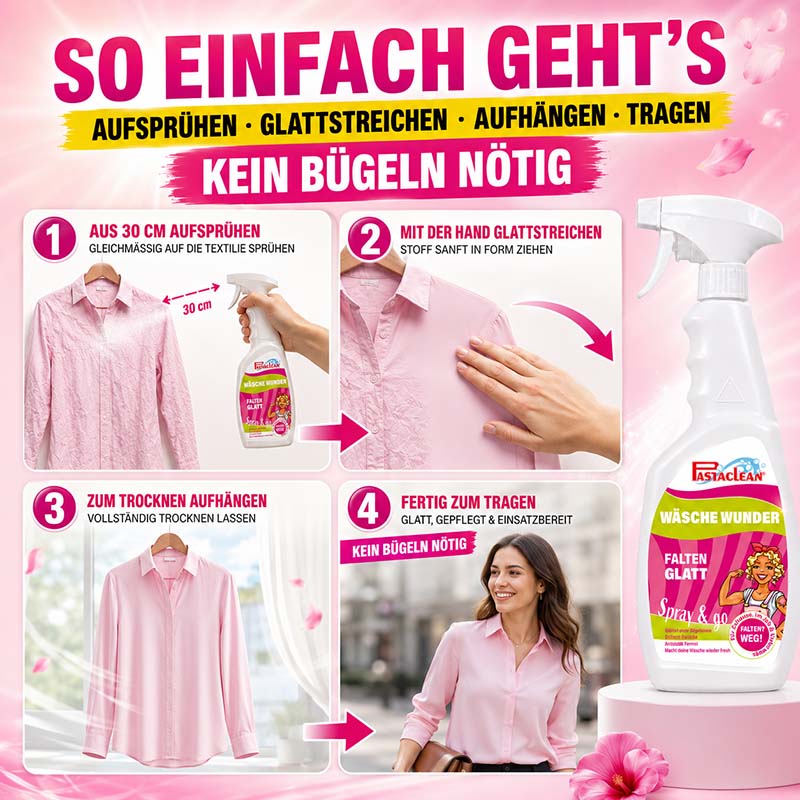 Pastaclean Wäsche Wunder Anti-Falten-Spray für Kleidung, 750 ml, glättet Stoff ohne Bügeln, einfach Aufsprühen, Glattstreichen, Aufhängen, für gepflegte Textilien.