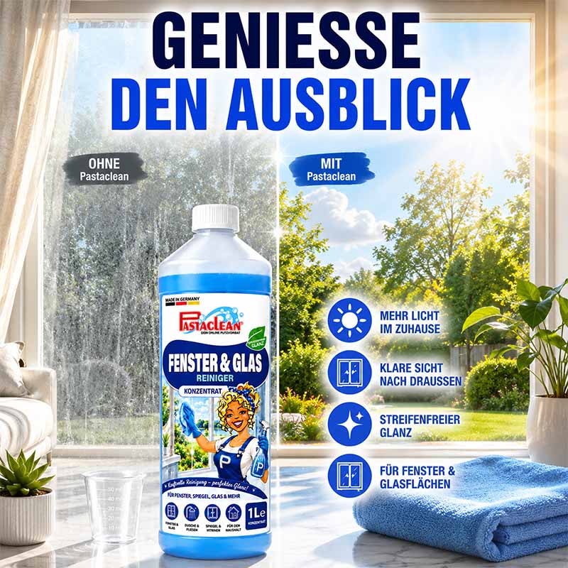 Fensterreiniger Konzentrat 1 Liter, streifenfreier Glasreiniger für Fenster, Spiegel, Duschkabinen und Glasflächen, Pastaclean, mehr Licht, klare Sicht, reinigt effektiv Fenster und Glas, blaues Reinigungsmittel.