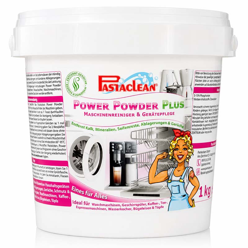 Pastaclean Power-Powder Plus Maschinenreiniger 1 kg, entfernt Kalk, Mineralien, Seifenreste in Waschmaschinen, Geschirrspülern, Kaffee- und Espressomaschinen, Wasserkocher, Bügeleisen, Kochgeschirr.