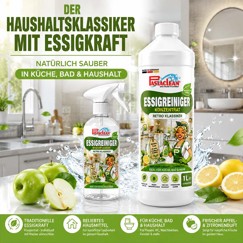 Essigreiniger 1 Liter Konzentrat, Haushaltsreiniger für Küche, Bad, Reinigung, traditioneller Essigkraft, natürlich sauber, Fastclean, frischer Apfel- und Zitronenduft, Retro Klassiker, ideales Putzmittel, effektiv gegen Verschmutzungen, konzentriert.