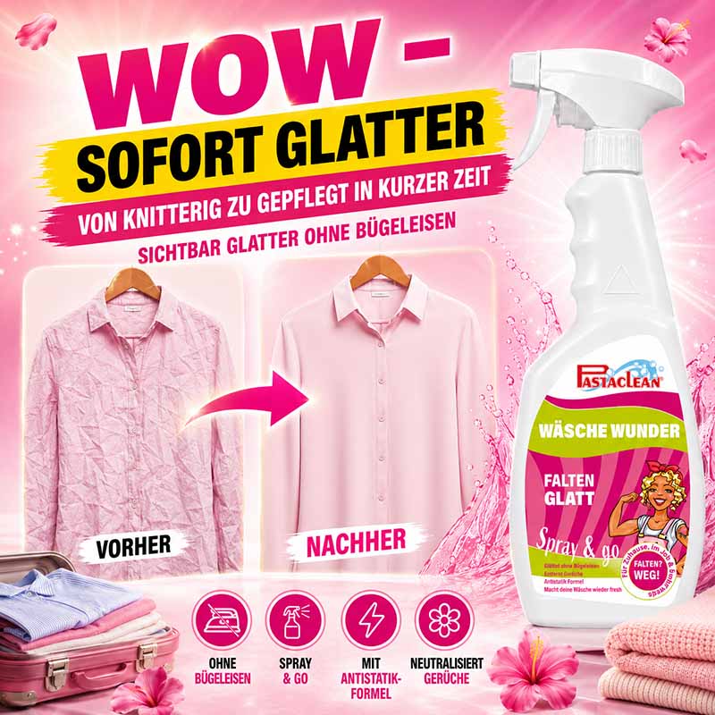 Pastaclean Wäsche Wunder Anti-Falten-Spray für glatte Kleidung, 750 ml, entfernt Falten ohne Bügeleisen, ideal für knitterfreie Textilien in kurzer Zeit, mit Antistatik-Formel und geruchsneutralisierend.