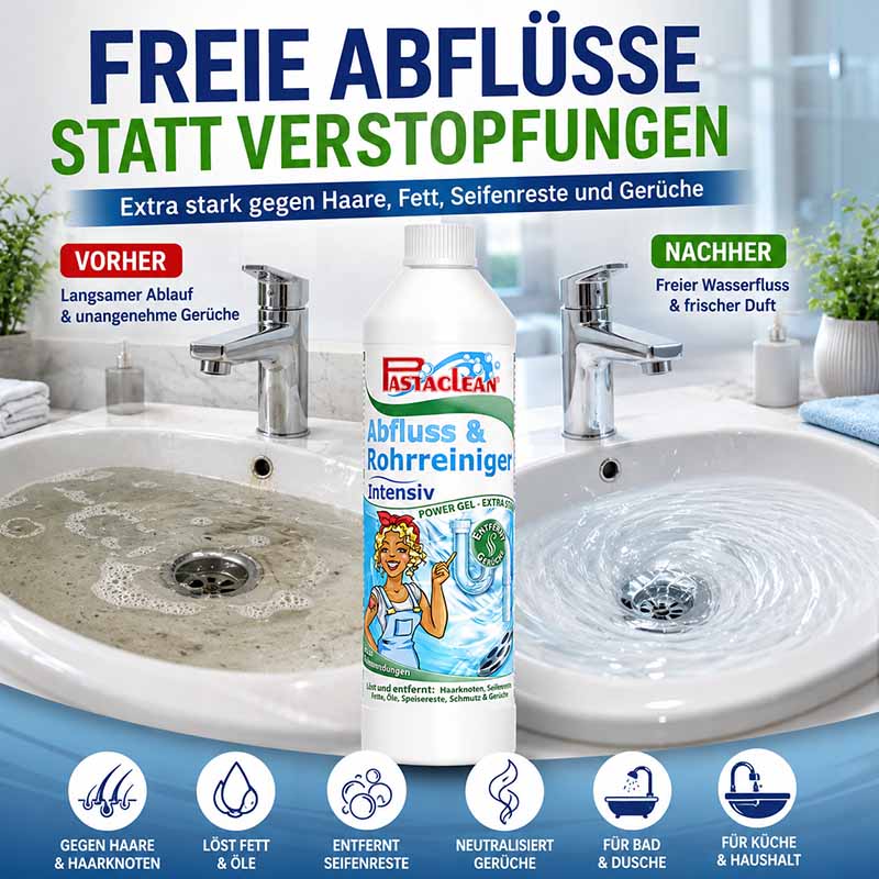Pastaclean Intensiv Rohrreiniger für Abflüsse und Rohre, stark gegen Haare, Fett, Seifenreste und Gerüche, Anwendung in Küche, Bad und Haushalt, Inhalt 2x 750ml
