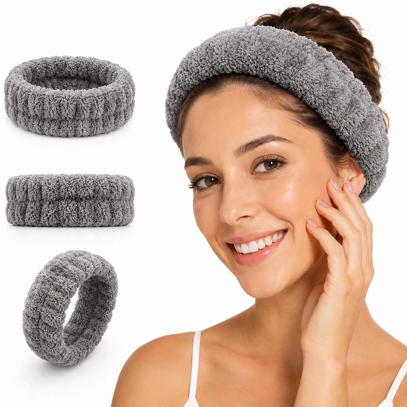 Kosmetik Haarband Damen 3er Set Grau für Make-up, Gesichtspflege, Wellness, Yoga, Sport. Ideal für tägliche Beauty-Routine, halten Haare zurück, weich und dehnbar. Zubehör für Frauen.