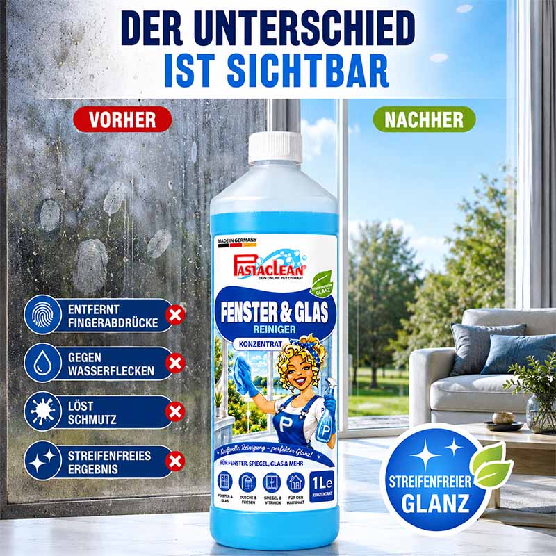 Fensterreiniger Konzentrat 1 Liter, Glasreiniger für streifenfreie Reinigung, geeignet für Fenster, Spiegel, Duschkabinen, Glasflächen, entfernt Fingerabdrücke, gegen Wasserflecken, löst Schmutz, Glasreiniger flasche, streifenfreies Ergebnis.