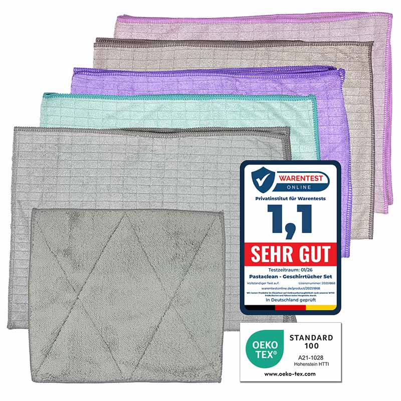 PASTACLEAN Geschirrtücher Set 6tlg – 5 Geschirrtücher + 1 Spültuch antibakteriell, bunt