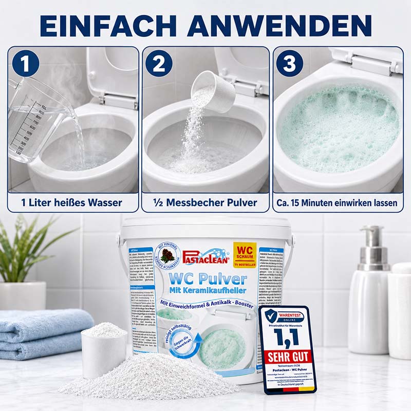 Pastaclean WC Schaum, kraftvoller WC Reiniger zur Entfernung von Kalk und Urinstein, 1 kg, ideal für Toilettenreinigung, mit Einweichformel und Antikalk-Booster für hygienisch saubere Toiletten.