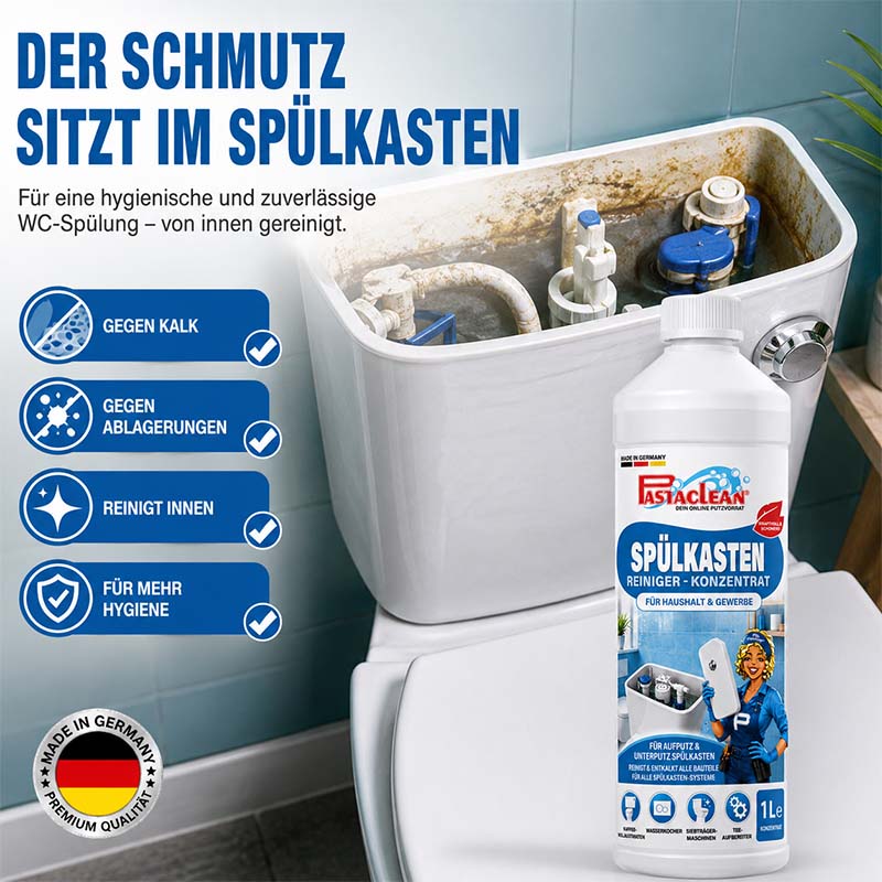 Spülkasten Reiniger Konzentrat 1 Liter, WC Spülkasten Entkalker, geeignet für Aufputz und Unterputz, Kalkentfernung, Ablagerungsbekämpfung, hygienische Reinigung, hergestellt in Deutschland, Premium Qualität, Haushaltsreiniger, Sanitärreinigung.