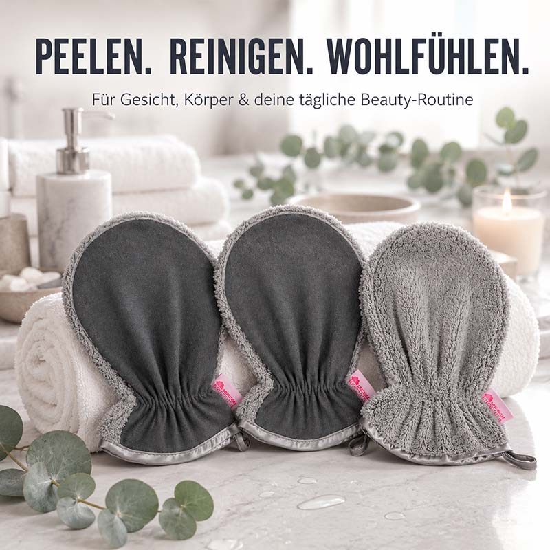 Peelinghandschuh und Waschhandschuh 3er Set Grau für Gesicht und Körper zur Reinigung und Make-up Entfernung, geeignet für Dusche und tägliche Beauty-Routine.