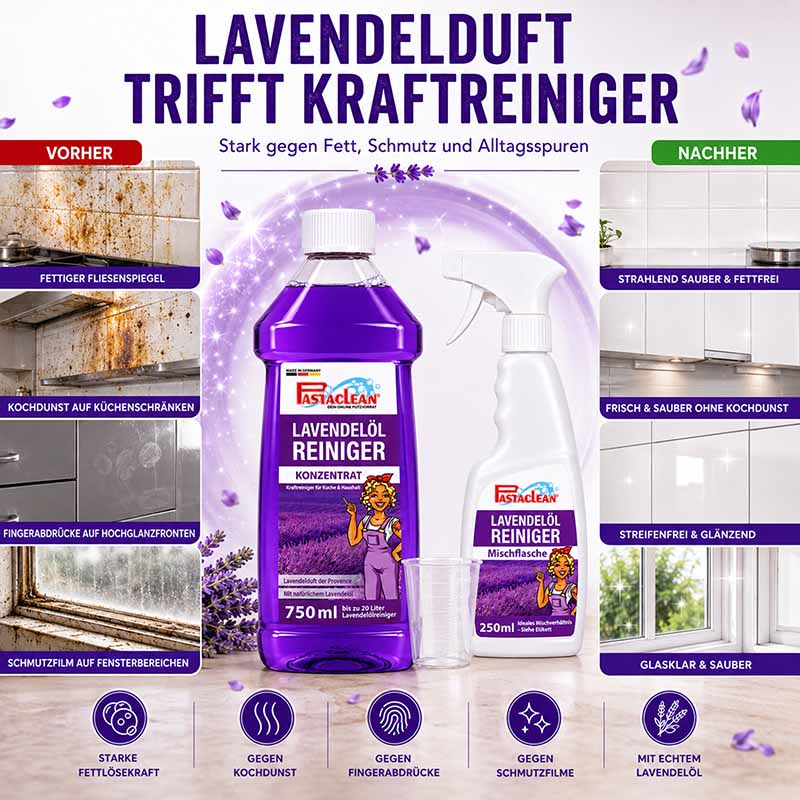 Lavendelöl Reiniger 750 ml, fettlösend, gegen Schmutz und Alltagsflecken, Konzentrat, für Küche, Badezimmer, Fliesen, Fenster, streifenfrei, glänzend, Lavendelduft, Sauberkeit, Pflege, Reinigungsmittel, kraftvoll, hygienisch.