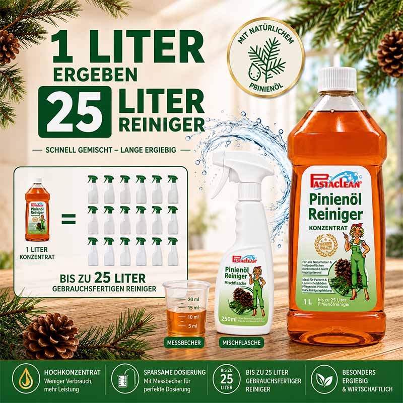 Pinienölreiniger Konzentrat 1000ml, ergibt bis zu 25 Liter Reiniger. Inklusive Messbecher und Mischflasche. Hochkonzentriert, sparsame Dosierung, mit natürlichem Pinienöl, ergiebig, wirtschaftlich.