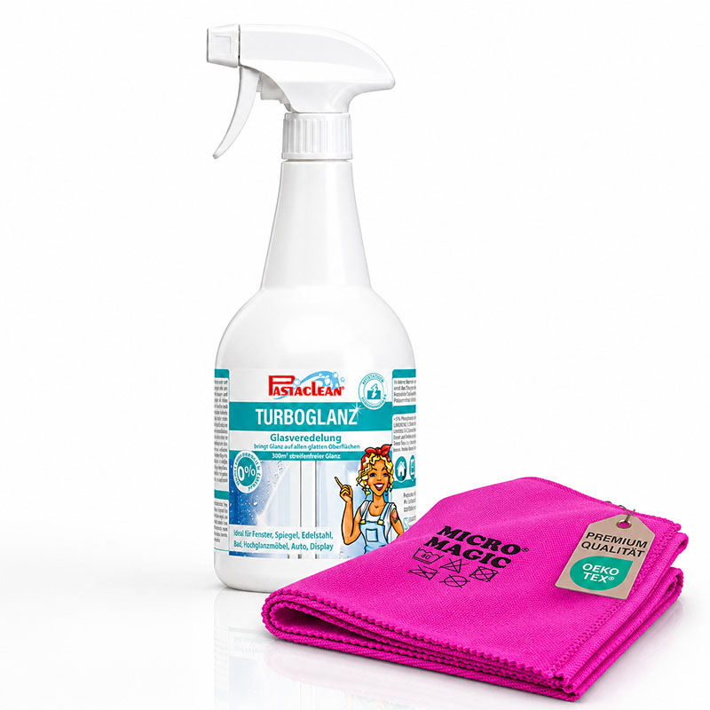 Pastaclean TurboGlanz Glasreiniger & Oberflächenveredelung, 750 ml, inklusive Poliertuch, für Glas, Spiegel, Displays, Edelstahl, Lack & Hochglanzflächen, sorgt für strahlenden Glanz und Schutz in Haushalt und Gewerbe.