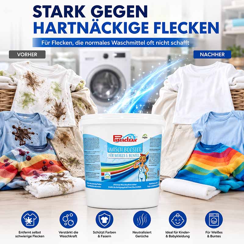 Waschbooster 2 kg für hartnäckige Fleckenentfernung, geeignet für Weißes und Buntes, verstärkt Waschleistung, schützt Farben und Fasern, neutralisiert Gerüche, ideal für Kinder- und Babykleidung, effektiver Waschmittelverstärker.