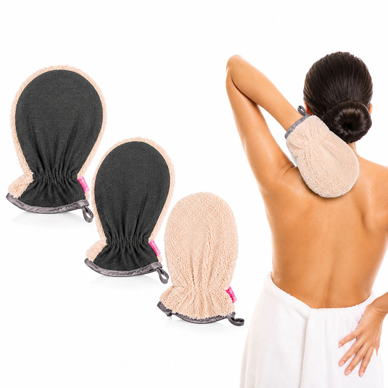 Peelinghandschuh & Waschhandschuh 3er Set für Gesicht, Körper, Dusche und Make-up Entfernung, ideal zur Hautpflege und sanften Reinigung, enthält Kittfarben und Schwarz, vielseitig anwendbar in der täglichen Pflege.