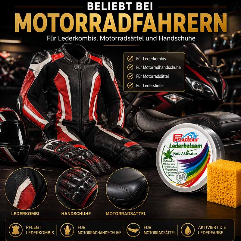 Pastaclean Lederbalsam mit Farb Aktivator, 250 ml, für Lederkombis, Motorradsättel und Handschuhe, pflegt und schützt Lederausrüstung, aktiviert Lederfarbe, ideal für Motorradfahrer