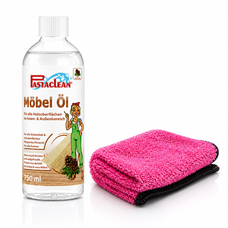 Pastaclean Möbelöl 750 ml mit Pinie für alle Holzoberflächen im Innen- und Außenbereich, pflegt und belebt Farben, geeignet für alte und neue Möbel, inklusive pinkem Reinigungstuch.