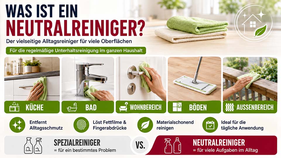 Was ist ein Neutralreiniger – Infografik zur Anwendung im Haushalt für Küche, Bad, Wohnbereich, Böden und Außenbereich