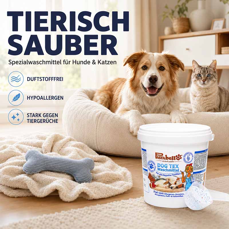 Pastaclean Hundebett Waschmittel, 1 kg, hypoallergenes Spezialwaschmittel für Hunde- und Katzenbedarf, duftstofffrei, stark gegen Tiergerüche, geeignet für Tiertextilien.