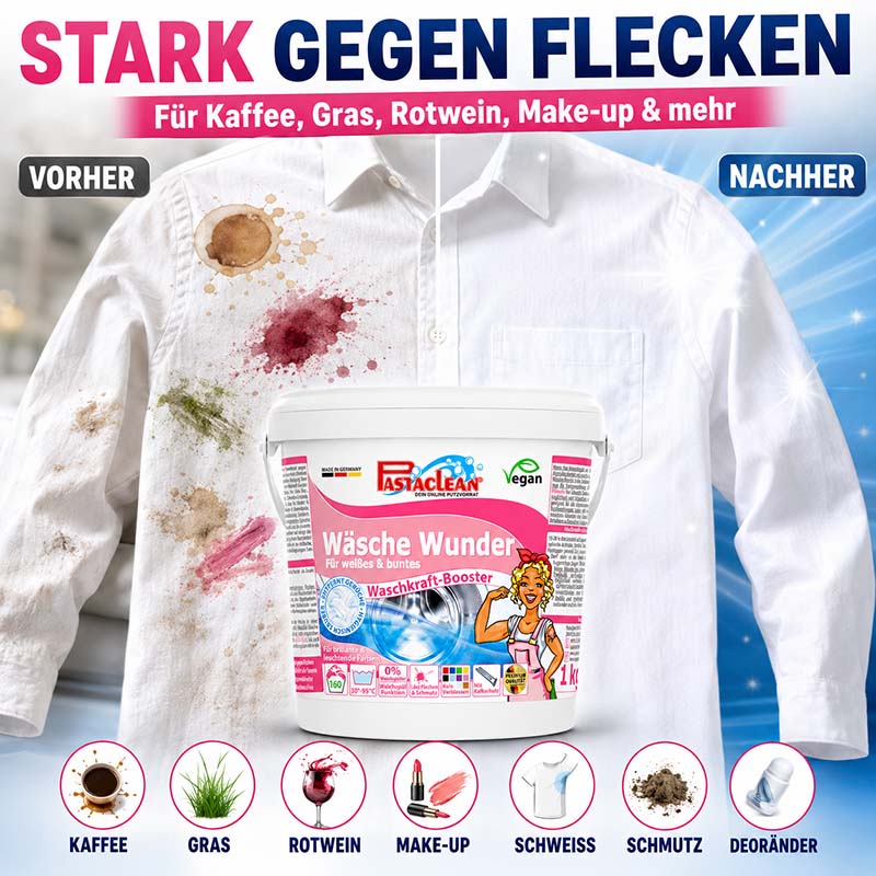 Pastaclean Wäsche Wunder Waschpulver Zusatz 160 WL 1 kg, stark gegen Kaffee, Gras, Rotwein, Make-up, Schweiß, Schmutz, Deoränder, für weißes und buntes, Waschkraft-Booster, vegan