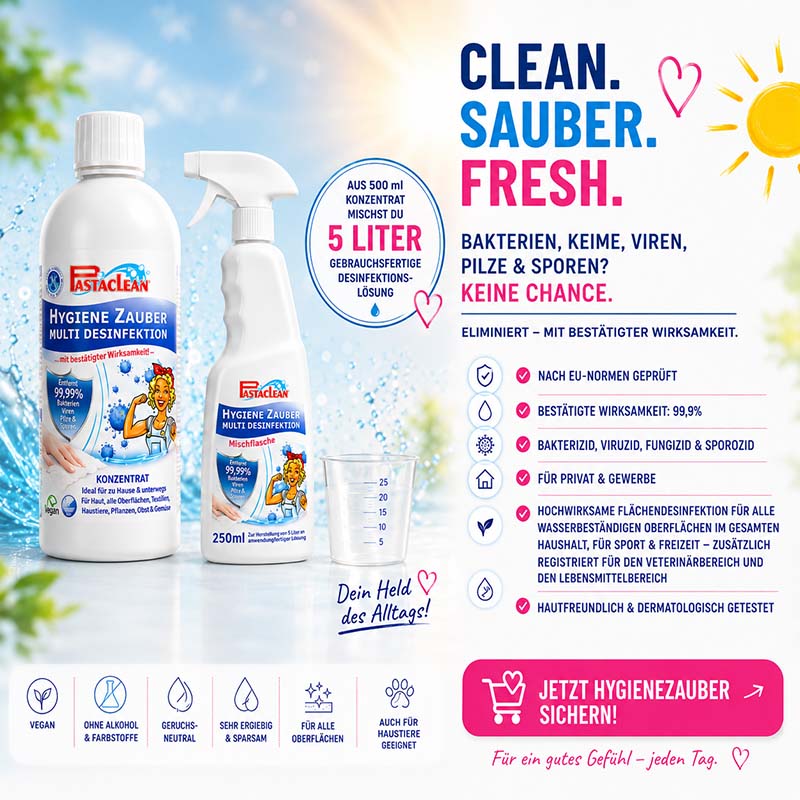 Pastaclean Hygiene Zauber Flächendesinfektion Konzentrat, Desinfektionsmittel für Oberflächen, speziell für Bakterien, Keime, Viren, Pilze und Sporen in Haushalt und Gewerbe, vegan, alkoholfrei, geruchsneutral, sparsam.