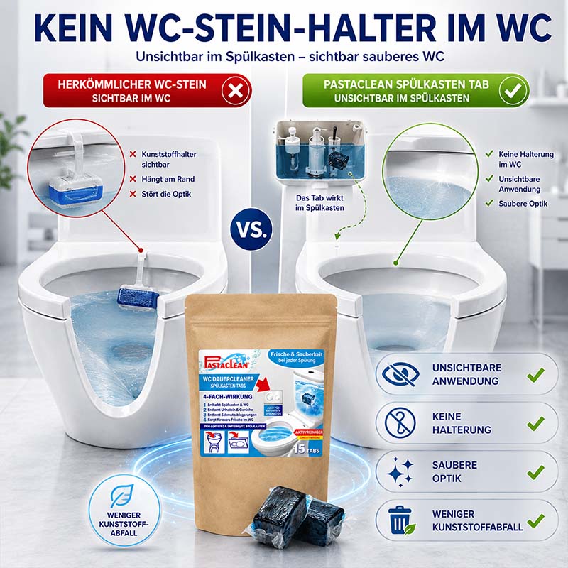 Pastaclean Spülkasten Tabs, Wasserkastenwürfel, Aktivreiniger, 15 Stück, unsichtbare Anwendung, saubere WC-Optik, kein sichtbarer Halter, weniger Kunststoffabfall, frische Reinigung bei jeder Spülung, 4-fach Wirkung, hygienische Lösung, effizienter WC-Rei