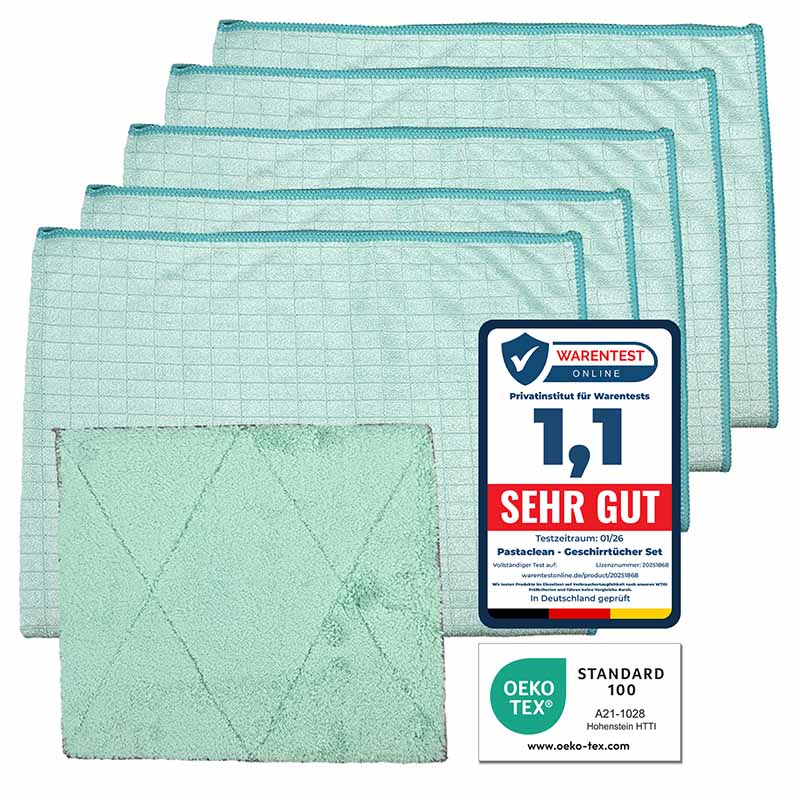 PASTACLEAN Geschirrtücher Set Mint – 5 Geschirrtücher + 1 Spültuch antibakteriell