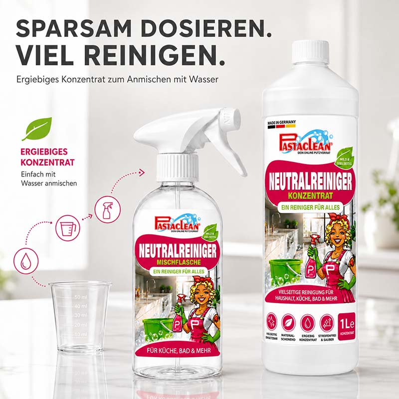 Pastaclean Neutralreiniger Konzentrat 1 L Allzweckreiniger für Küche, Bad, Böden und Fenster Reinigung, ergiebiges Konzentrat zum Anmischen mit Wasser zur vielseitigen Anwendung im Haushalt